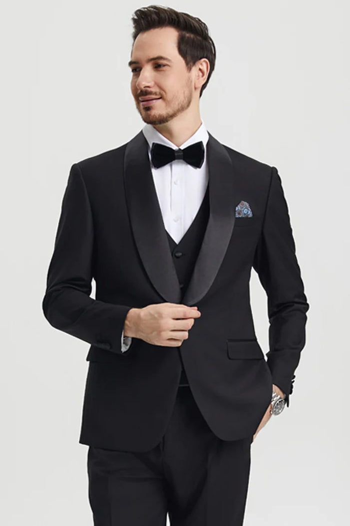 Black  Prom Tuxedo Suit - Black  Wedding Suit - Men's Stacy Adams Vested One Button Shawl Lapel Designer Tuxedo