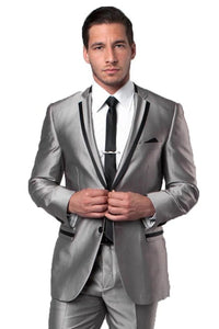 Grey/Black Prom Tuxedo Suit - Grey/Black  Wedding Suit - Men's Two Button Slim Fit Wedding & Prom Tuxedo Suit In Shiny Silver Sharkskin With Black Piping