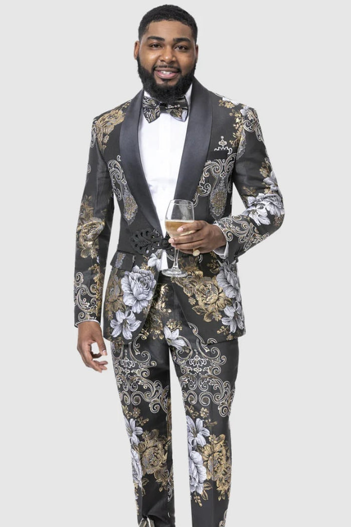 Black / Gold  Prom Tuxedo Suit - Black / Gold  Wedding Suit - Mens Slim Fit Two Piece Black & Gold Paisley Prom Smoking Jacket Tuxedo With Black Trim