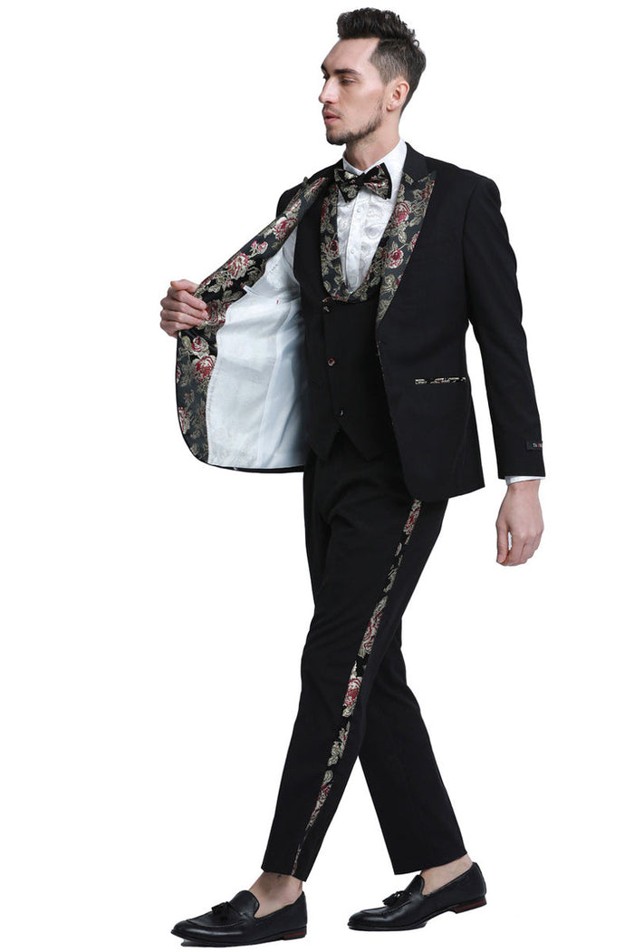 "Black Men's Wedding Tuxedo with Floral Peak Lapel - One Button Vested Prom Suit"