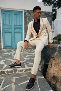 "Elevate Your Prom and Wedding Style: Stacy Adams Ivory & Gold Paisley Tuxedo Jacket"