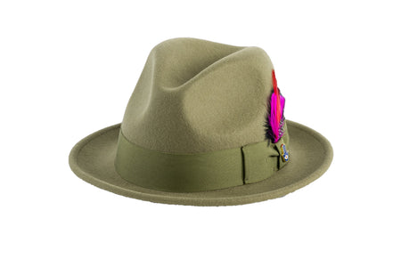 Olive Green Brooks Trilby 100% Australian Wool Felt Crushable Hat