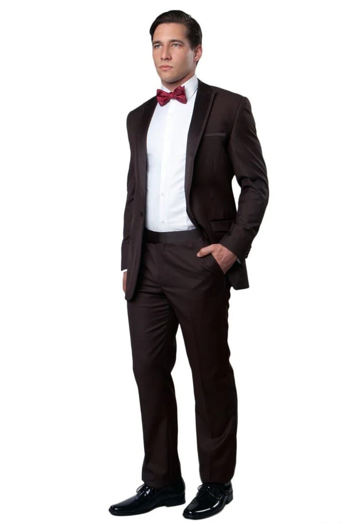 Brown  Prom Tuxedo Suit - Brown Wedding Suit - Men's Slim Fit One Button Satin Trim Peak Lapel Prom & Wedding Tuxedo