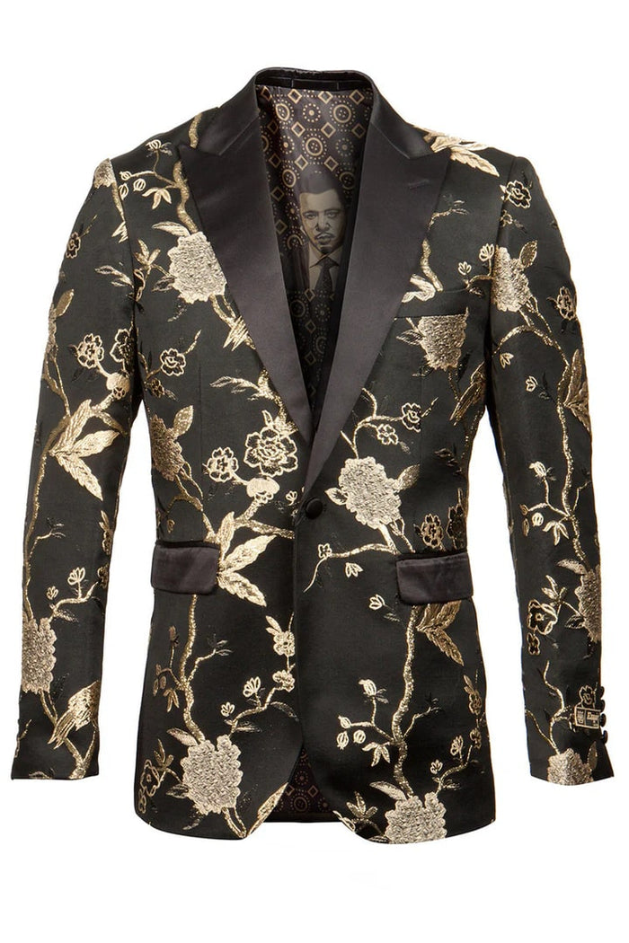 Gold Prom Tuxedo Suit - Gold Wedding Suit - Men's Shiny Floral Satin Print Prom & Wedding Tuxedo Jacket