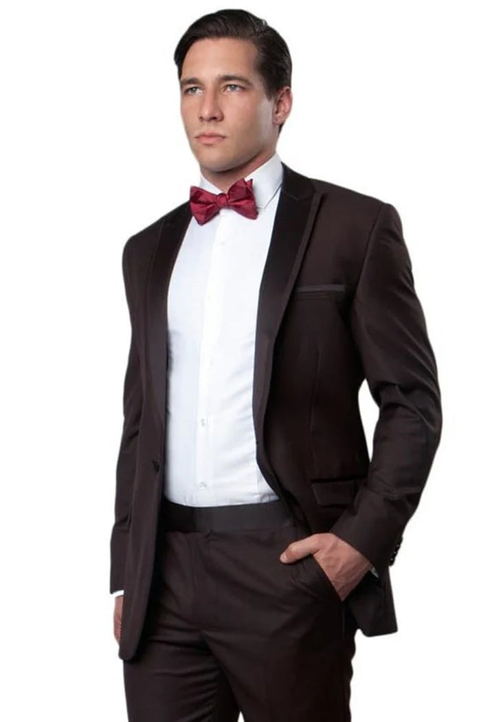 Brown  Prom Tuxedo Suit - Brown Wedding Suit - Men's Slim Fit One Button Satin Trim Peak Lapel Prom & Wedding Tuxedo