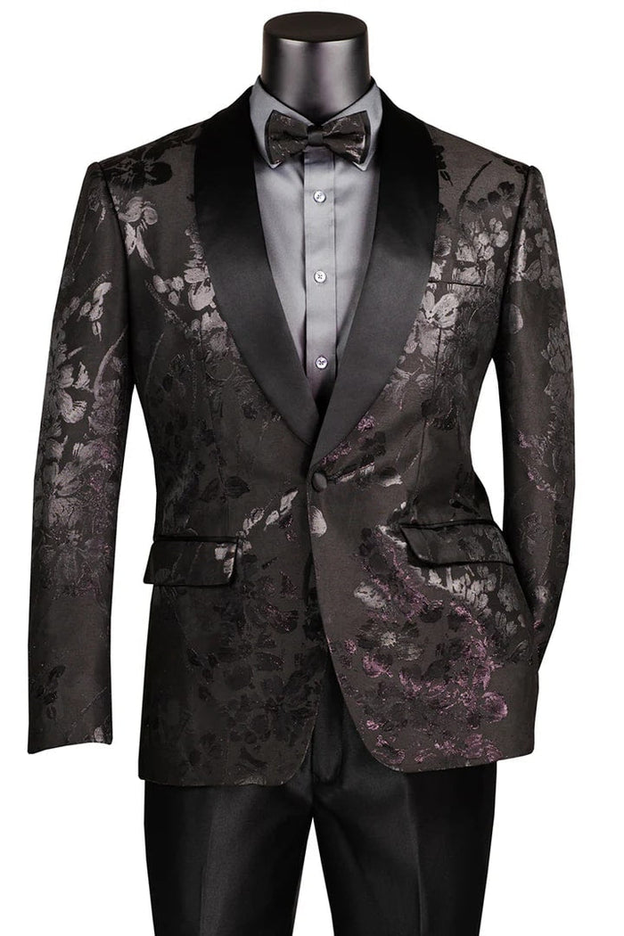 Black  Prom Tuxedo Suit - Black Wedding Suit - Men's Shiny Foil Floral Paisley Prom & Wedding Tuxedo Jacket