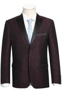 Burgundy Prom Tuxedo Suit - Burgundy Wedding Suit - Mens Two Button Peak Lapel Paisley Prom Tuxedo Blazer