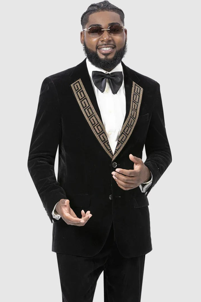 Black  Prom Tuxedo Suit - Black  Wedding Suit - Mens Modern Fit Velvet Tuxedo Suit With Gold Sequin Lapel Embellishment