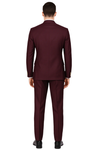 Mens Designer Modern Fit Double Breasted Wool Suit with Gold Buttons in Burgundy