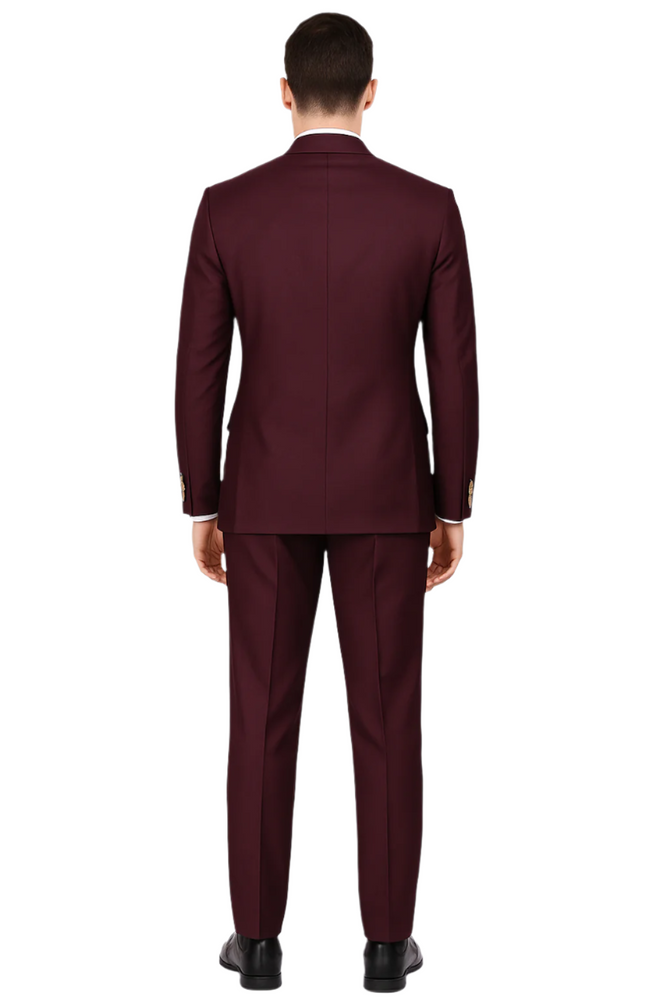 Mens Designer Modern Fit Double Breasted Wool Suit with Gold Buttons in Burgundy