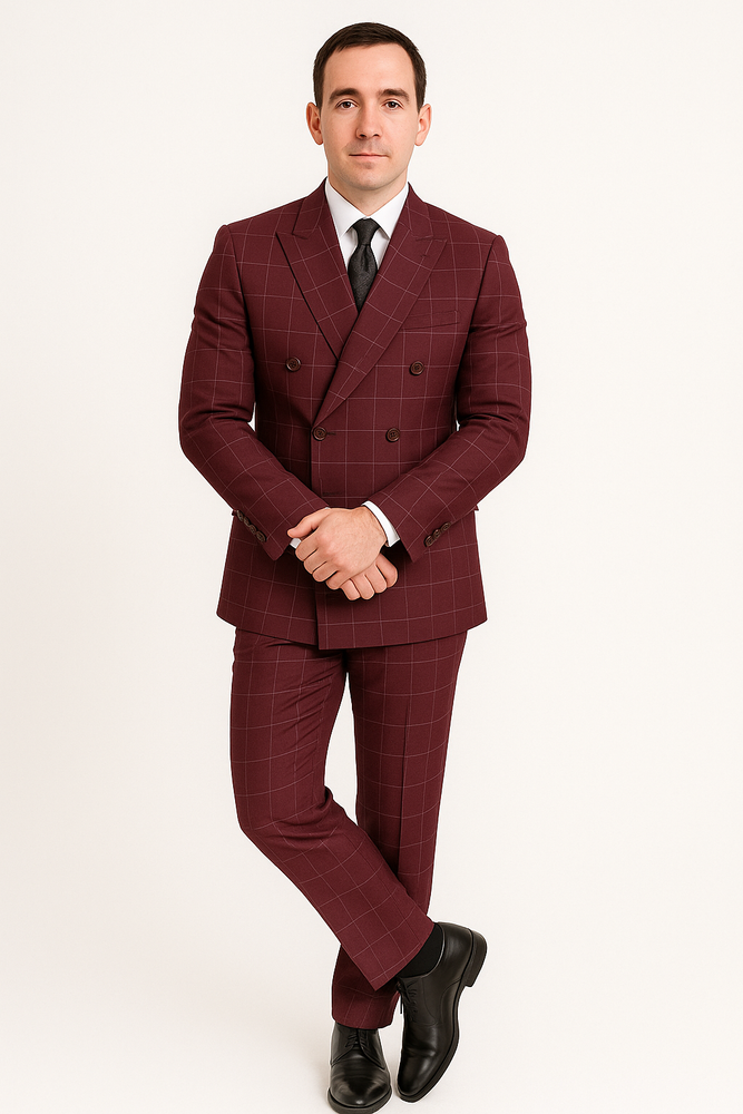 Naples Collection - Wine Modern Fit Double Breasted Windowpane Peak Lapel 2 Piece Suit