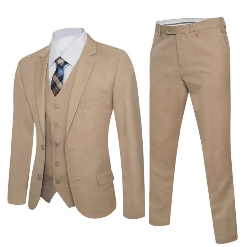 Mens Beige Solid Suit Slim Fit Notch Label Suit