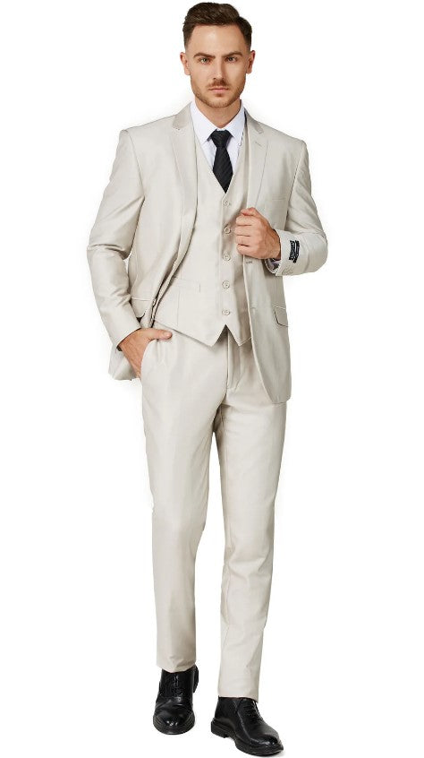 Mens Beige Double Back Vent Notched Lapel Suit Slim Fit