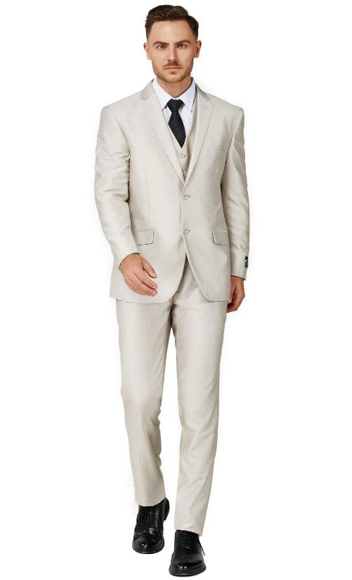 Mens Beige Double Back Vent Notched Lapel Suit Slim Fit