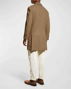 Mens Carcoat - Beige Three Quarter Peak Lapel Topcoat