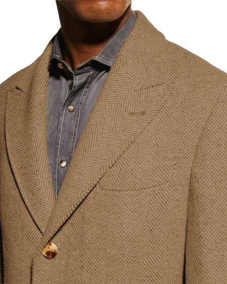 Mens Carcoat - Beige Three Quarter Peak Lapel Topcoat