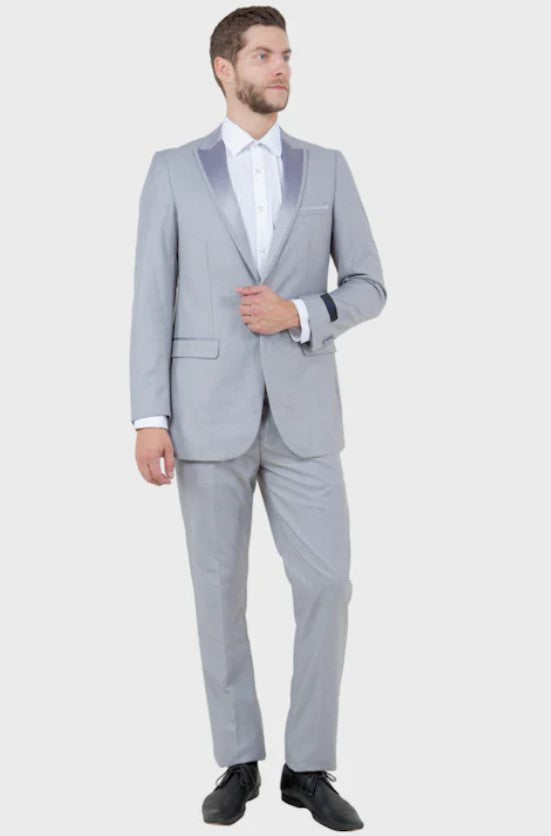 Big and Tall Tuxedo - Light Grey 1 Button Peak Lapel Tuxedo