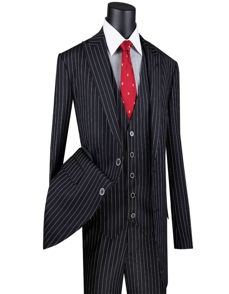 Mens Black Gangster Stripe Three Piece Classic Fit Suit