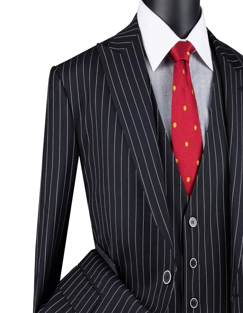 Mens Black Gangster Stripe Three Piece Classic Fit Suit