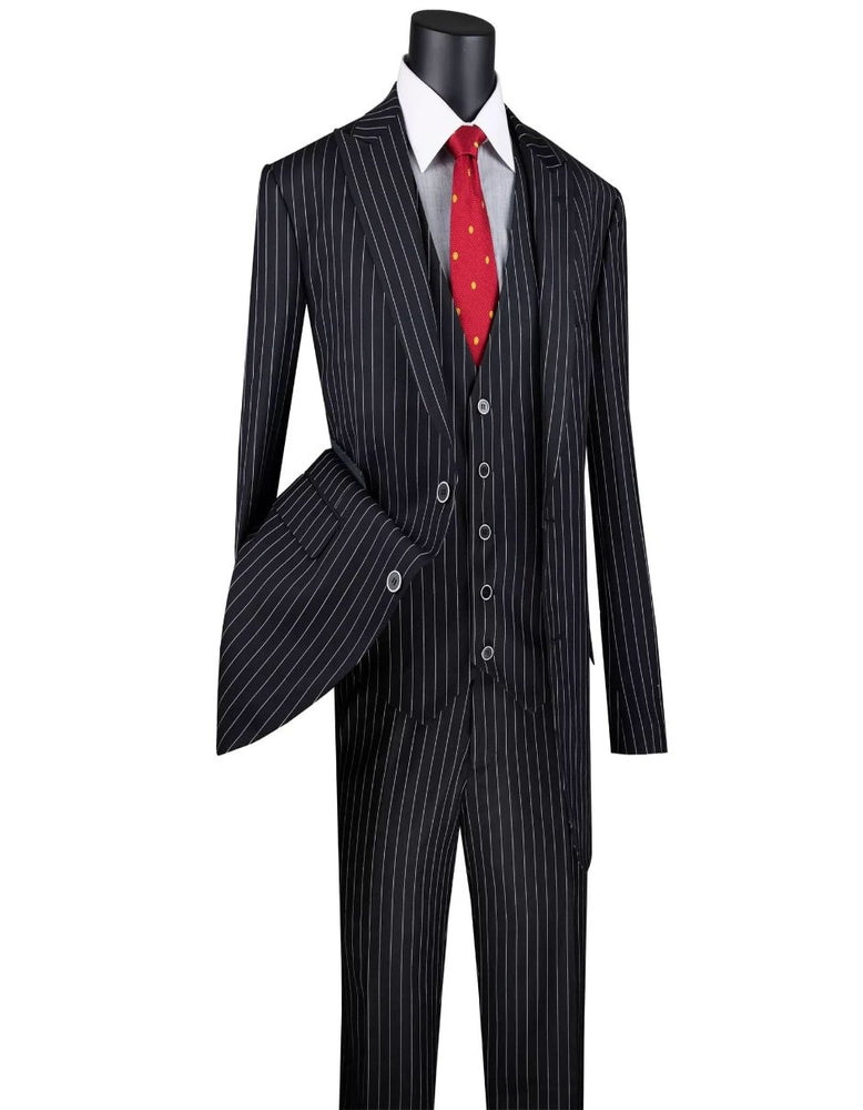 Mens Black Gangster Stripe Three Piece Classic Fit Suit