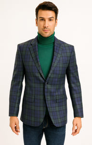 Big and Tall Plaid Sport Coat - Windowpane Checkered Scottish Pattern Party Blazer in Color Green and Blue Tartan