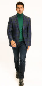 Big and Tall Plaid Sport Coat - Windowpane Checkered Scottish Pattern Party Blazer in Color Green and Blue Tartan