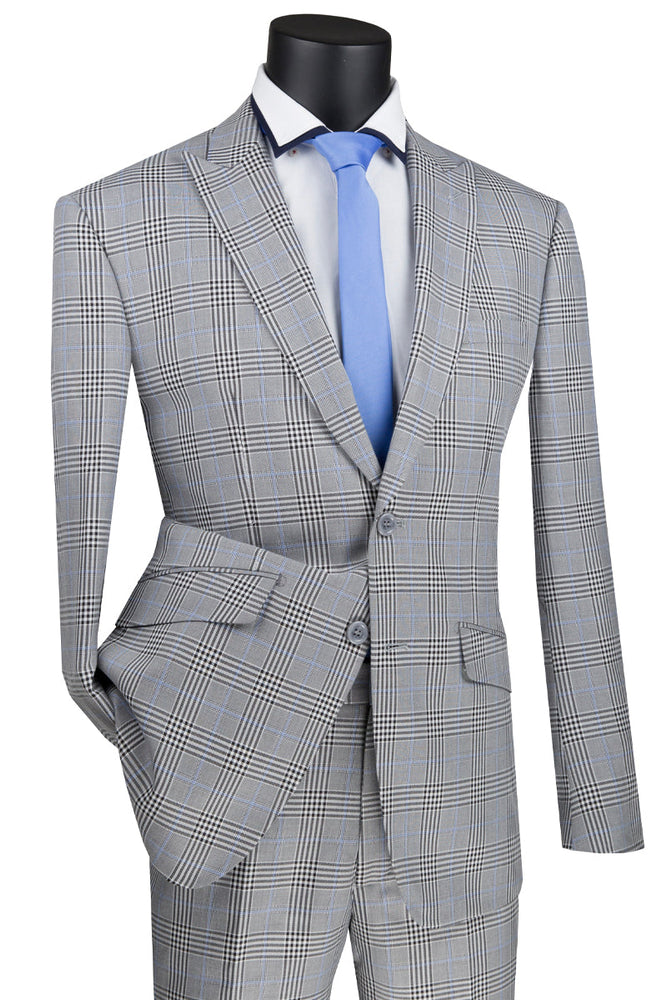 Mens Fit Peak Lapel Glen Plaid Suit in Grey