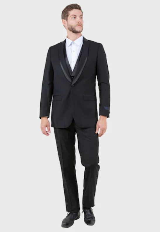 Big and Tall Tuxedo - Black 3 Piece Vested Side Vent Shawl Lapel Tuxedo