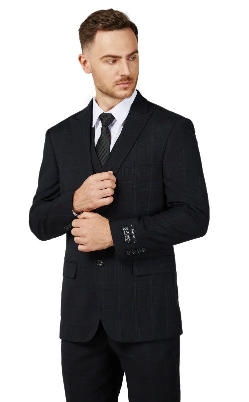 Mens Black Checker Notched Lapel Single Breased Suit Double Back Vent Slim Fit