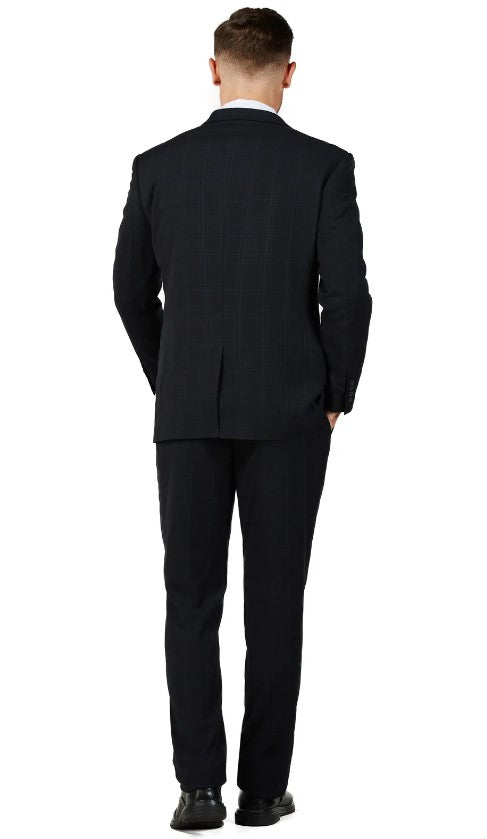 Mens Black Checker Notched Lapel Single Breased Suit Double Back Vent Slim Fit