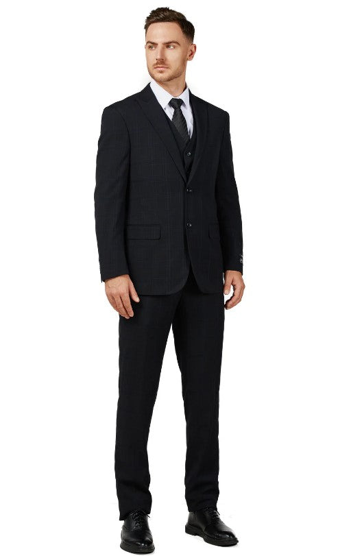 Mens Black Checker Notched Lapel Single Breased Suit Double Back Vent Slim Fit