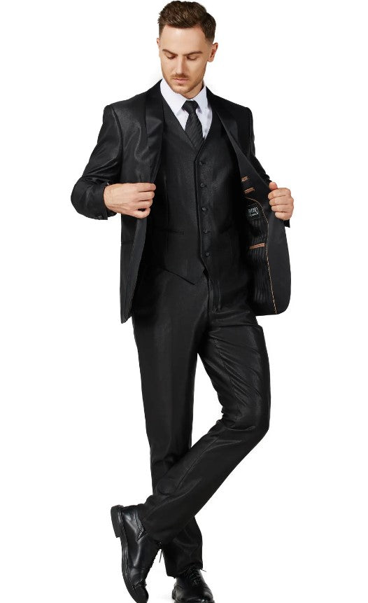 Mens Shiny Black Single Breased Shawl Lapel Tuxedo Slim Fit