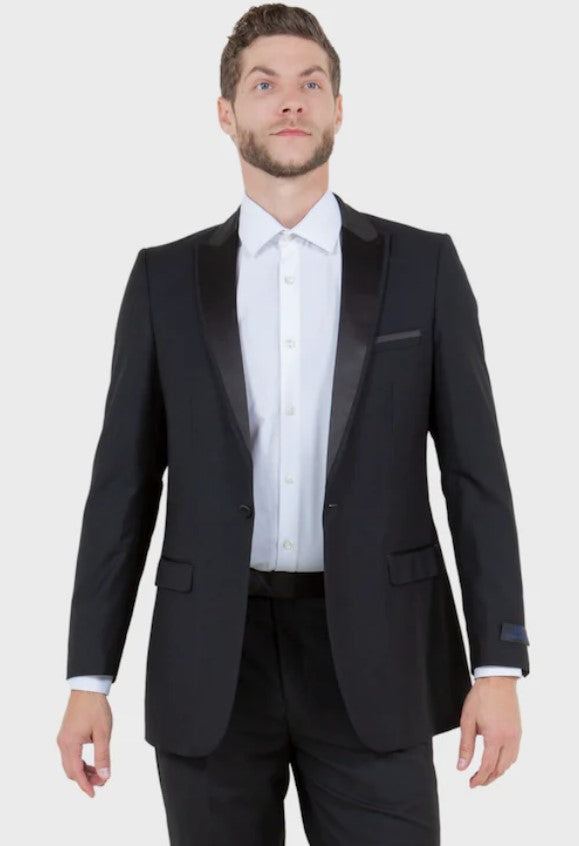 Big and Tall Tuxedo - Black 1 Button Satin Peak Lapel Tuxedo