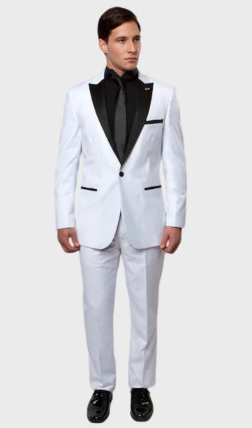 Big and Tall Tuxedo - Tuxedo Jacket and Pant Full Lined White 1 Button Black Peak Lapel Tuxedo