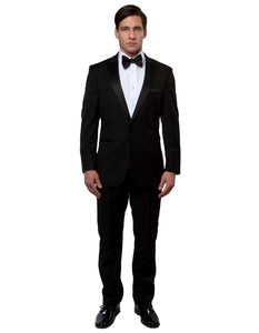 Mens Modern Fit 1 Button Peak Wool Tuxedo in Black - Men's Tuxedo USA