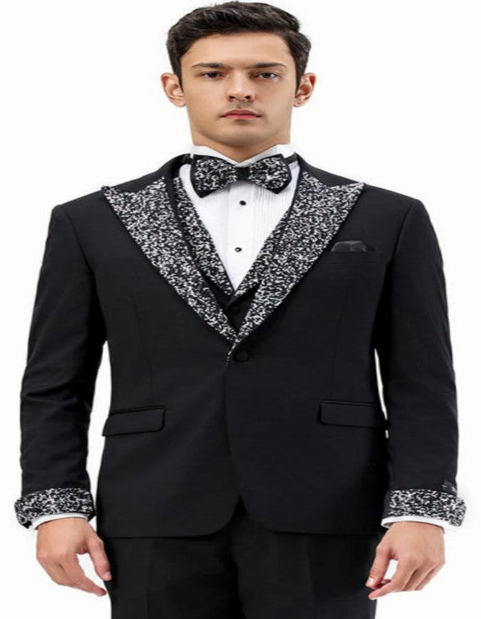 Black Prom Tuxedo - Perfect Wedding Suit Vested Rhinestone Lapelled