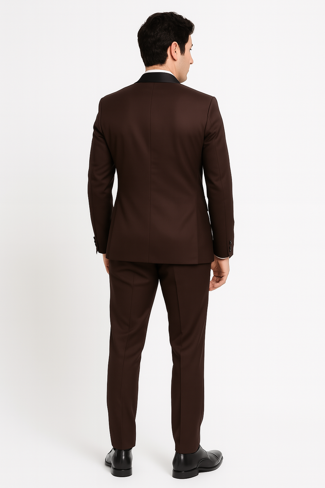 Mens Chocolate Brown Tuxedo with Black Satin Peak Lapel – Formal Wedding and Prom Suit