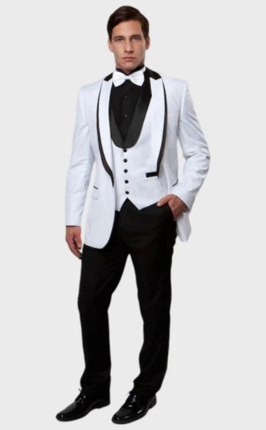 Big and Tall Tuxedo - White 3 Piece Vested Slim Fit Shawl Lapel Tuxedo Side Vents