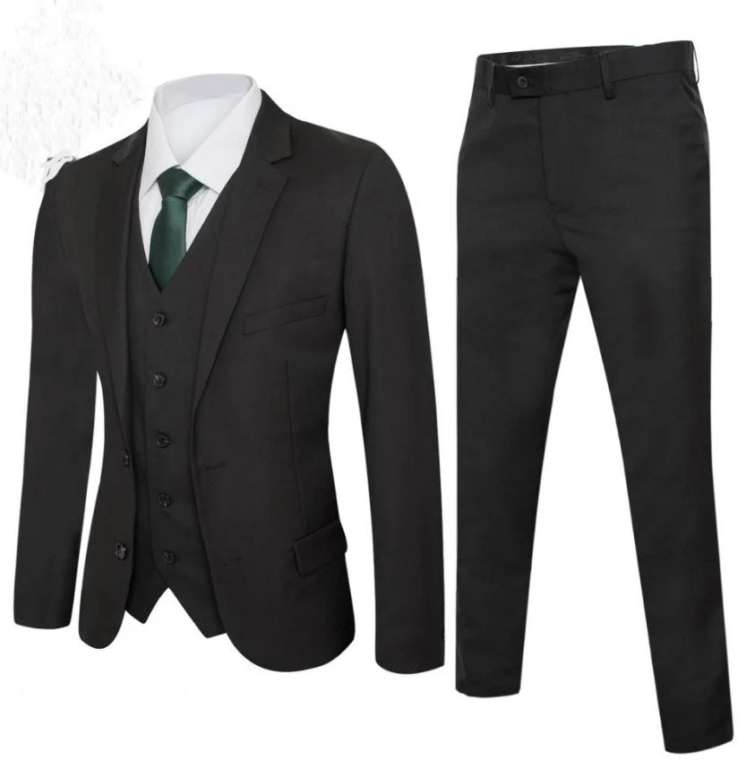 Mens Black Solid Suit Slim Fit Notch Label Suit