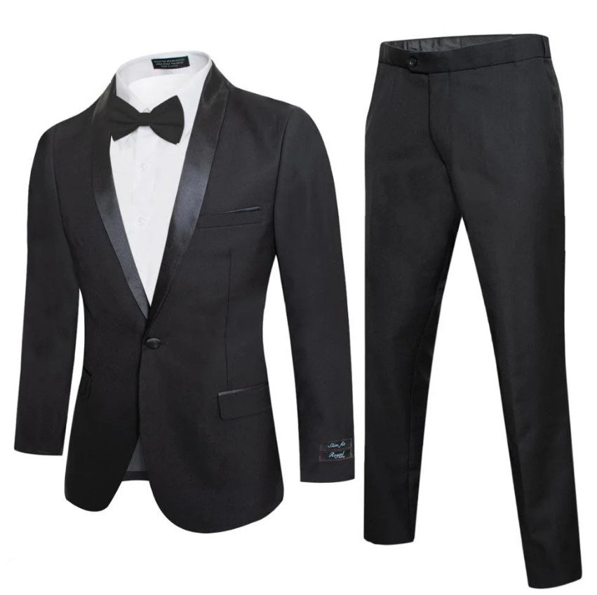 Mens Black Tuxedo Slim Fit Shawl Label Suit