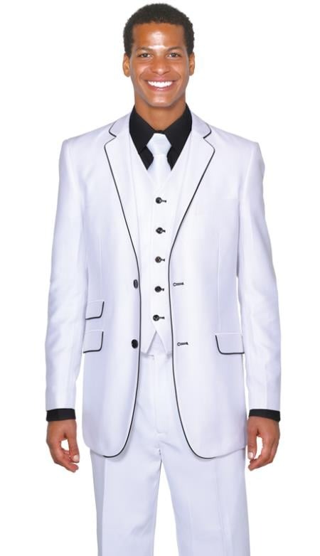 Black Lapel Two Toned Men'S 2 Buttons 3 Piece Church Suit White Tuxedo With Black Trim - Three Piece Suit