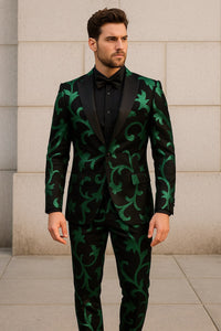 Mens Black and Emerald Green Velvet Floral Tuxedo Suit – Slim Fit 2 Piece Formalwear for Weddings and Events Slim Fitted
