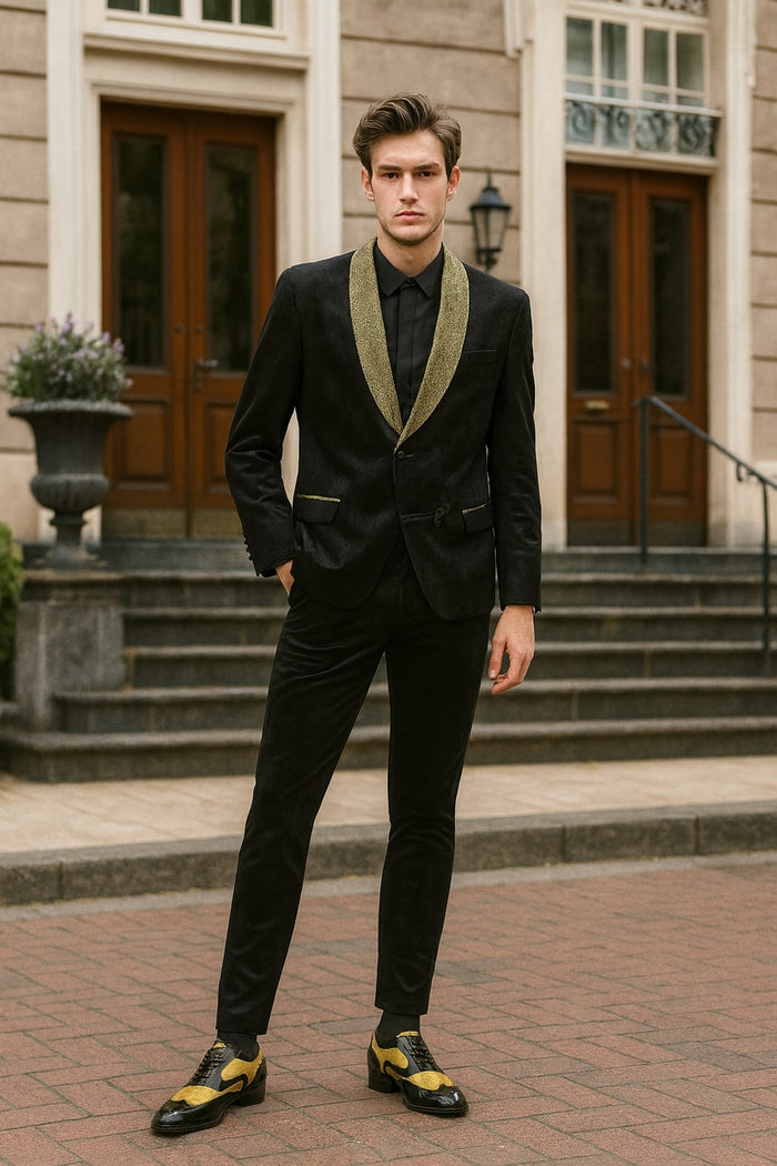Mens Black and Gold Jacquard Tuxedo Blazer – Luxury Shawl Collar Wedding and Party Smoking Jacket