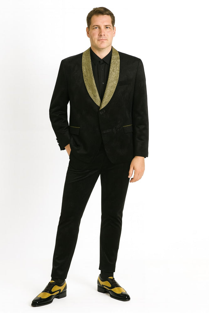Mens Black and Gold Jacquard Tuxedo Blazer – Luxury Shawl Collar Wedding and Party Smoking Jacket
