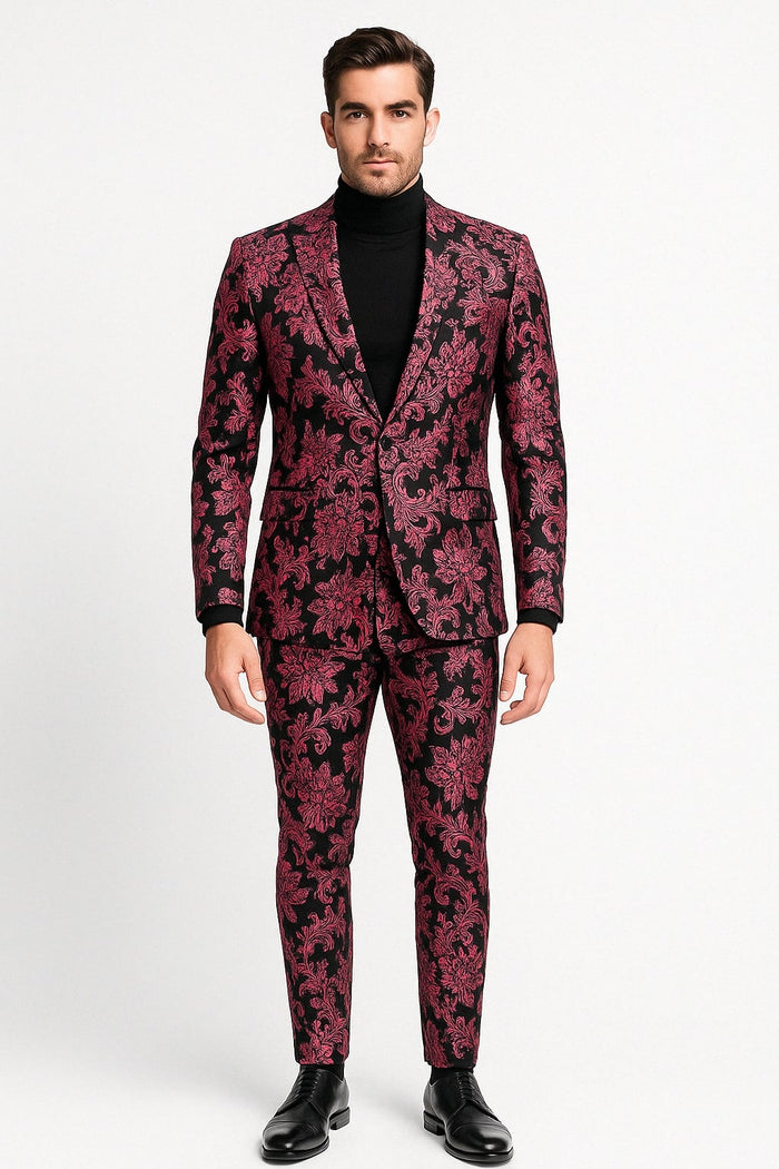 Mens Black and Pink Floral Tuxedo Suit – Magento Fucia Plumish Color Slim Fit 2 Piece Embroidered Outfit for Weddings, Prom and Formal Events