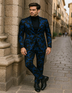 Mens Black and Royal Blue Floral Tuxedo Suit – Slim Fit 2 Piece Velvet Embroidered Outfit for Weddings, Prom, and Formal Events