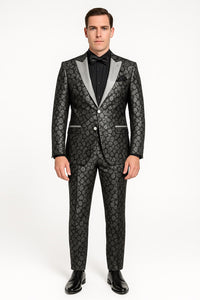 Black and Silver Floral Tuxedo Suit for Men – Luxury Two-Piece Formal Suit with Satin Lapel and Bow Tie