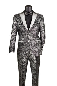 Black and Silver Floral Tuxedo Suit for Men – Luxury Two-Piece Formal Suit with Satin Lapel and Bow Tie