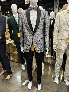 Mens Black and Silver Paisley Tuxedo with Satin Lapel and Bow Tie – Formal Party Suit