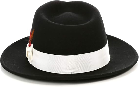 Gangster 100% Austrailian Wool Crushable Mens Fedora Hat - Removable Feather Gangster  Black/White Mens Fedora Hat